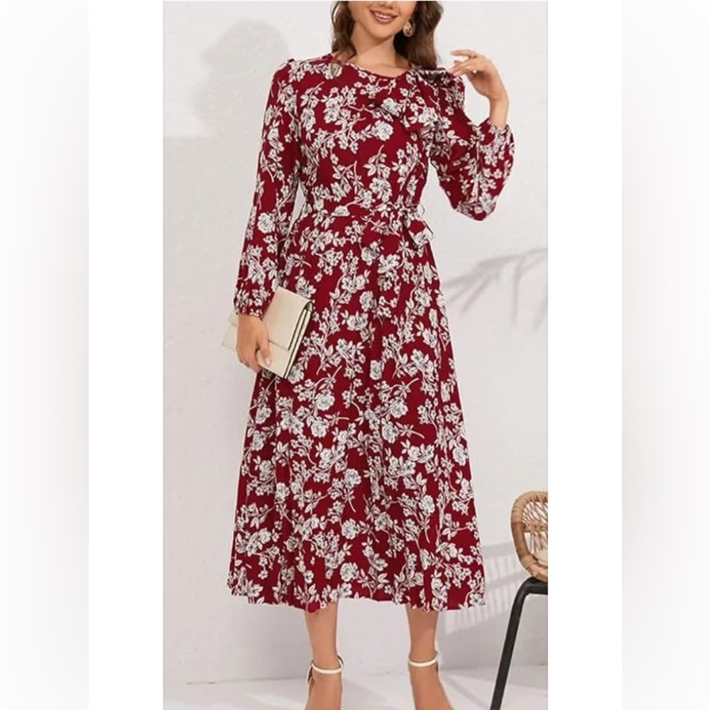 Floral Long Sleeve Dress - Red and White